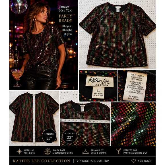 Kathie Lee Collection Tops - Kathie Lee Collection Vintage Y2K Metallic Disco Top Multicolor Foil Dot Blouse